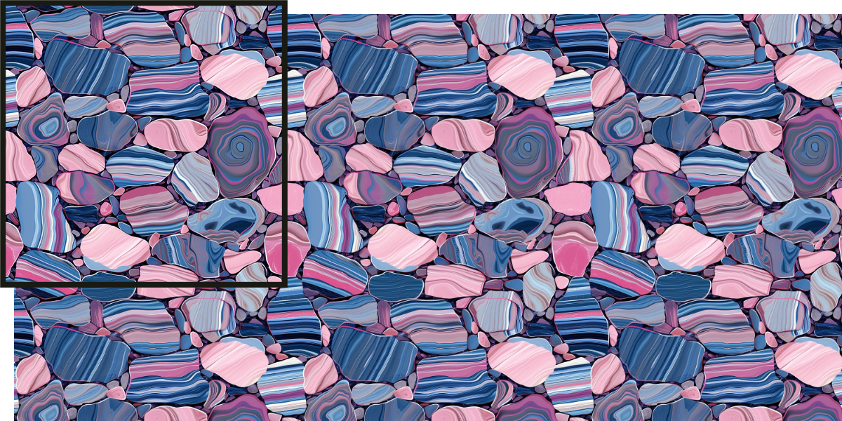 example of the motif image and tiled repeat created with the midjourney tile parameter using model version 6 and the prompt a repeating pattern of pink and blue striped river stones --tile