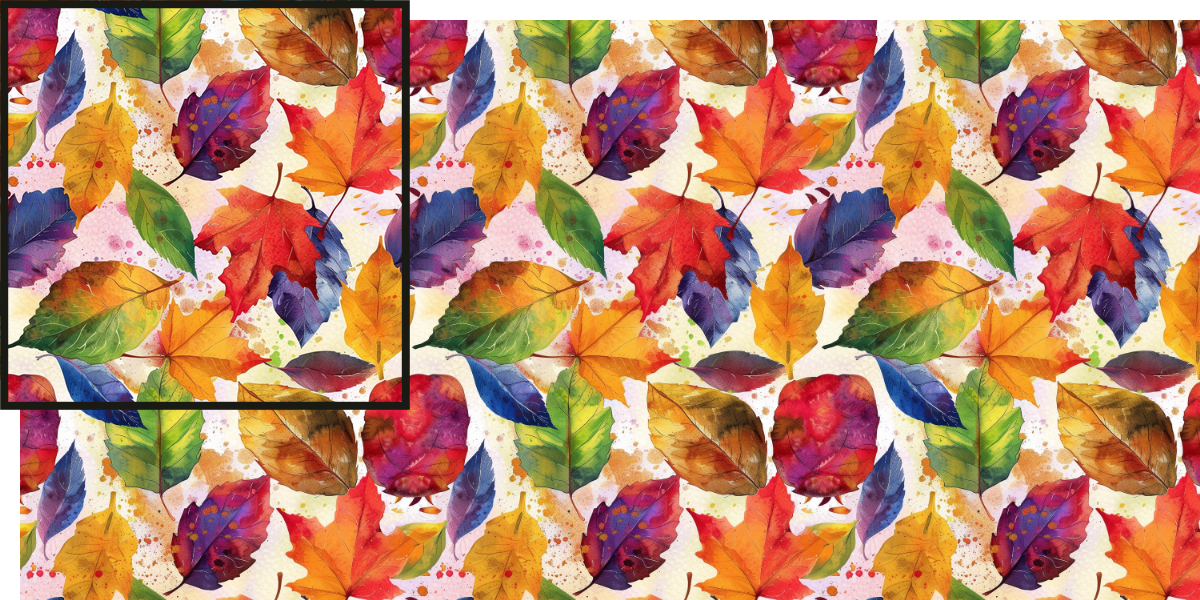 example of the motif image and tiled repeat created with the midjourney tile parameter using model version 6 and the prompt a pattern of colorful watercolor fall leaves --tile