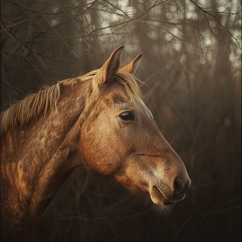 an image of a brown horse from the neck up, generated by Midjourney using the prompt 'a horse'