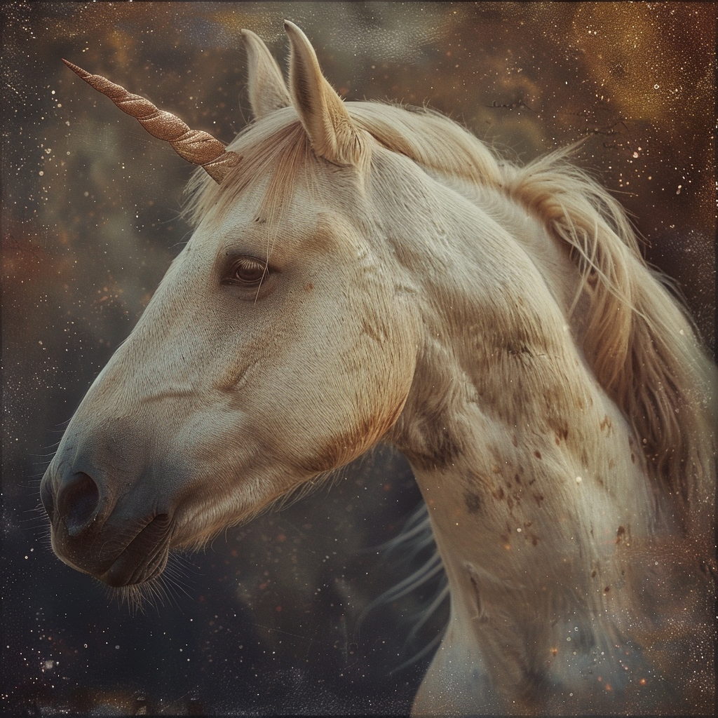 an image of a white unicorn from the neck up, generated with Midjourney by strongly Remixing 'a horse' into 'a unicorn
