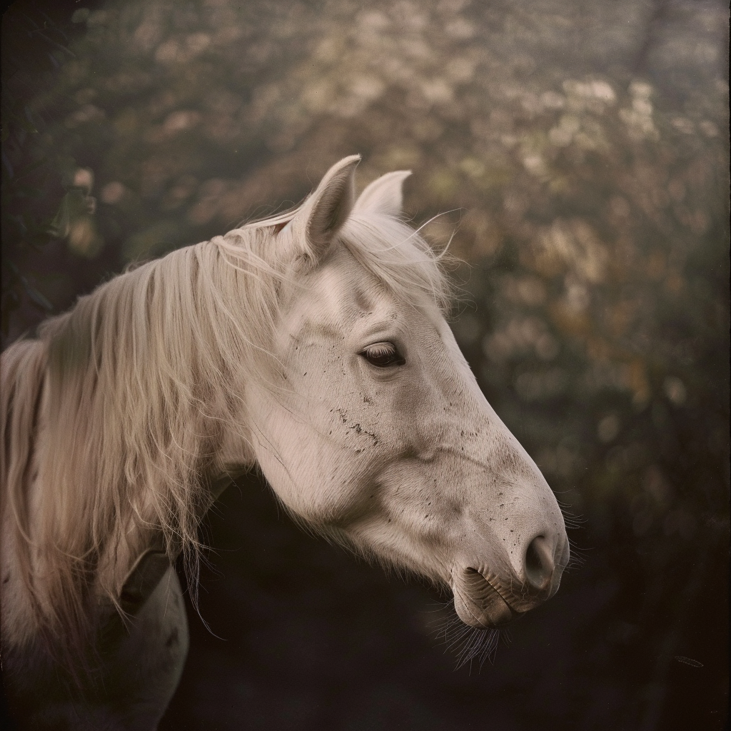 an image of a white horse from the neck up with no horn, generated with Midjourney by subtly Remixing 'a horse' into 'a unicorn'