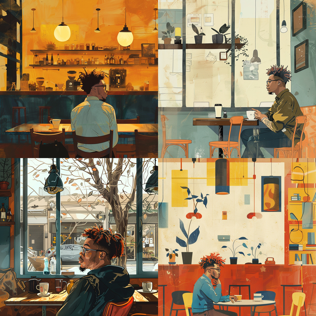a grid of four portrait-orientation images of a man with blue hair, glasses, and a yellow hoodie sitting in a cafe, generated by Midjourney with the text prompt 'illustration of a man sitting in a cafe' and the --cref parameter and a low character weight