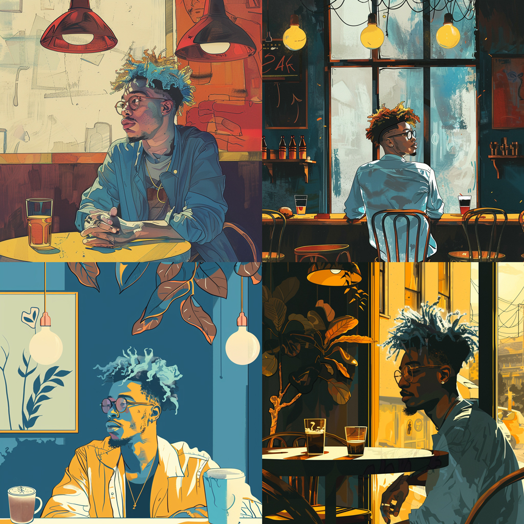 a grid of four portrait-orientation images of a man with blue hair, glasses, and a yellow hoodie sitting in a cafe, generated by Midjourney with the text prompt 'illustration of a man sitting in a cafe' and the --cref parameter and a medium character weight