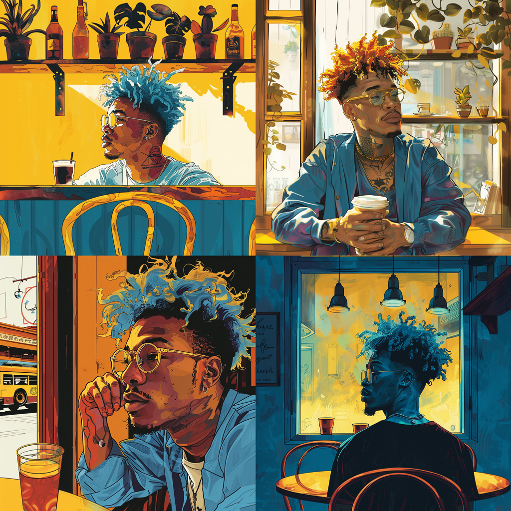 a grid of four portrait-orientation images of a man with blue hair, glasses, and a yellow hoodie sitting in a cafe, generated by Midjourney with the text prompt 'illustration of a man sitting in a cafe' and the --cref parameter