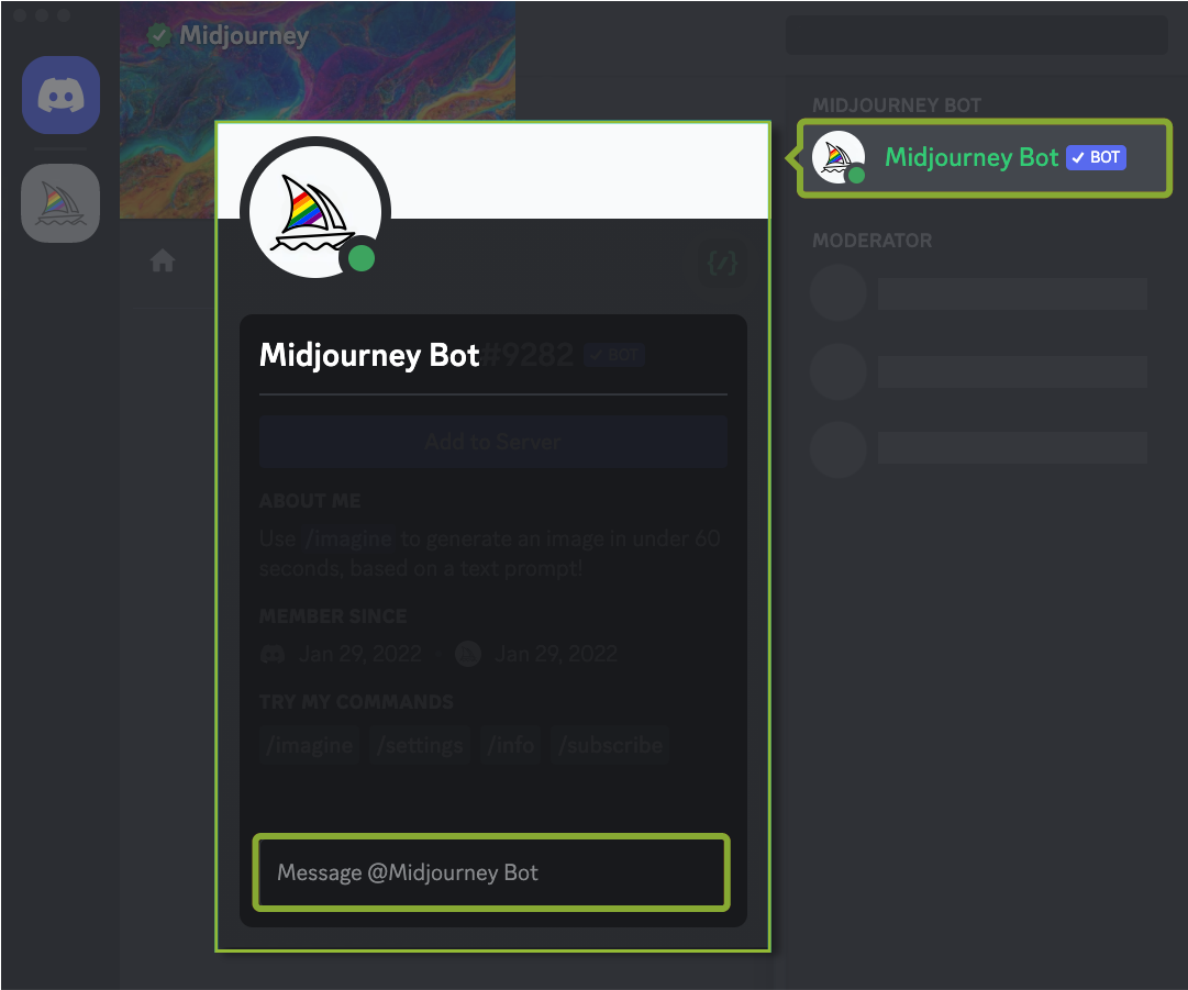 Image of the discord interface highlighting how to Direct Message the Midjourney Bot