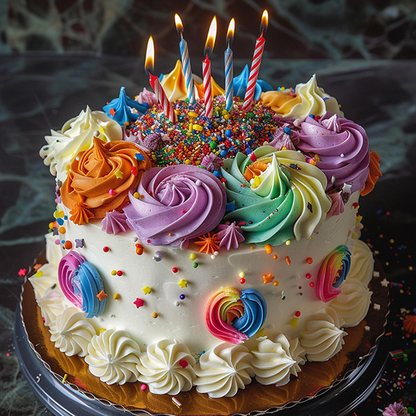 A midjourney image generated from an image prompt of an oil painting of flowers and the prompt, a birthday cake with the image weight parameter set to 0.5