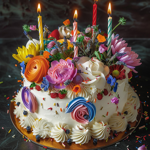 A midjourney image generated from an image prompt of an oil painting of flowers and the prompt, a birthday cake with the image weight parameter set to 0.75