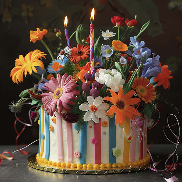 A midjourney image generated from an image prompt of an oil painting of flowers and the prompt, a birthday cake with the image weight parameter set to 1.0