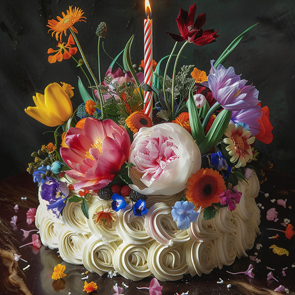 A midjourney image generated from an image prompt of an oil painting of flowers and the prompt, a birthday cake with the image weight parameter set to 1.25