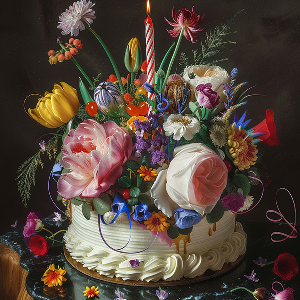 A midjourney image generated from an image prompt of an oil painting of flowers and the prompt, a birthday cake with the image weight parameter set to 1.5