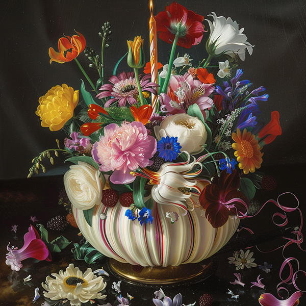 A midjourney image generated from an image prompt of an oil painting of flowers and the prompt, a birthday cake with the image weight parameter set to 1.75