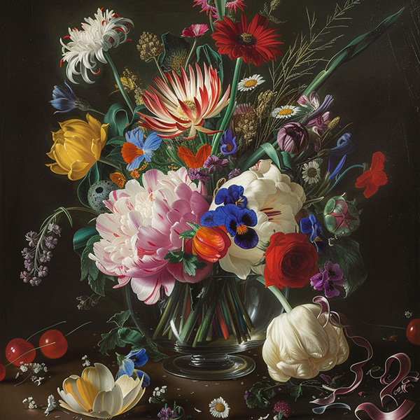 A midjourney image generated from an image prompt of an oil painting of flowers and the prompt, a birthday cake with the image weight parameter set to 2.0