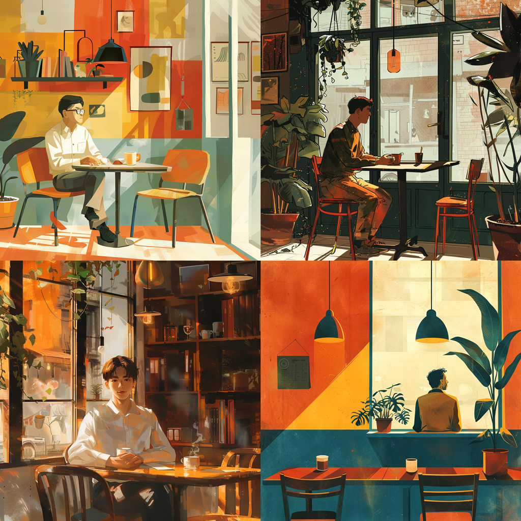 a grid of four portrait-orientation images of different men sitting in cafes, generated by Midjourney with the text prompt 'illustration of a man sitting in a cafe'