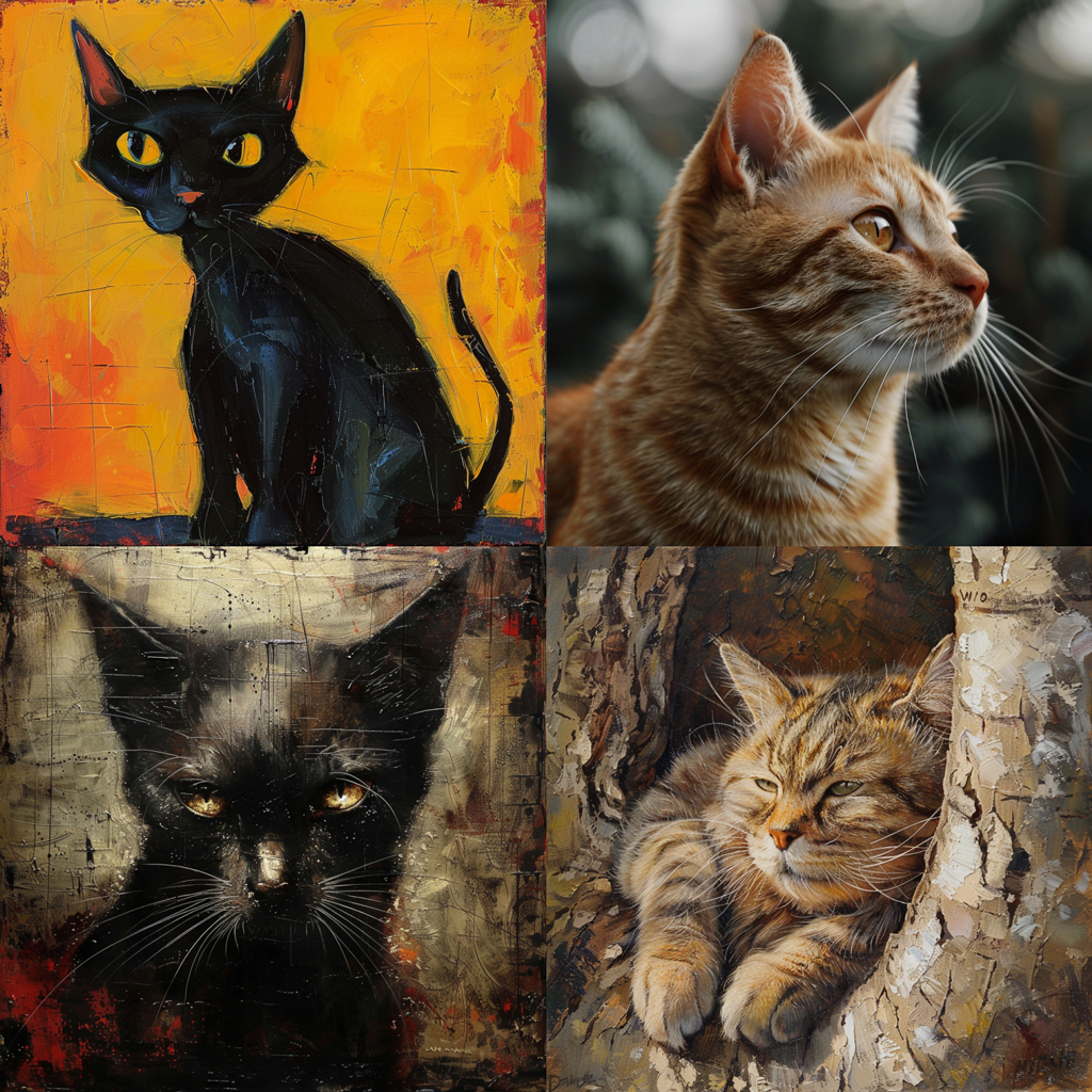 a grid of four cat images generated by Midjourney with the prompt 'a cat', showing a mix of illustrative and photographic styles as generated by default