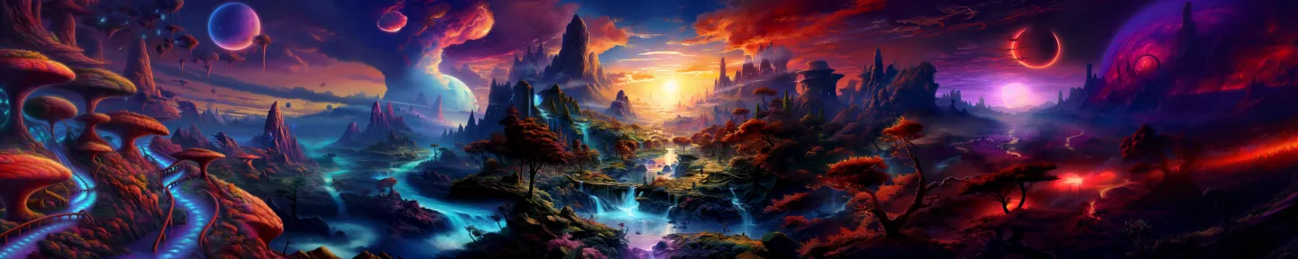 Example image of the prompt a vibrant fantasy landscape, panned left and right several times