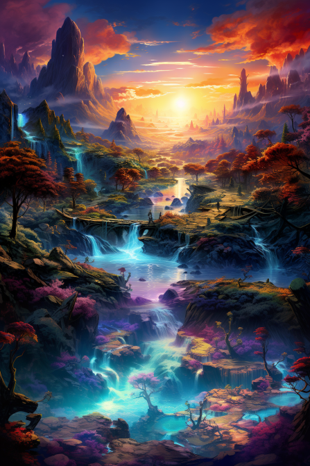 Example image of the prompt a vibrant fantasy landscape, panned down
