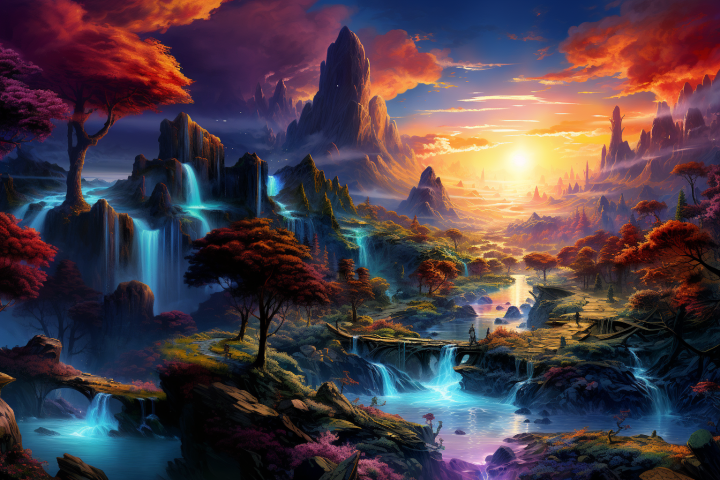 Example image of the prompt a vibrant fantasy landscape, panned left