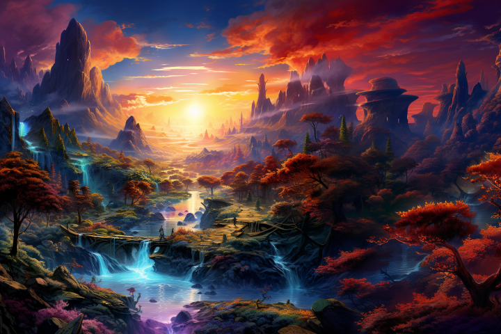 Example image of the prompt a vibrant fantasy landscape, panned right