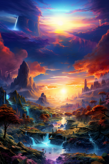 Example image of the prompt a vibrant fantasy landscape, panned up