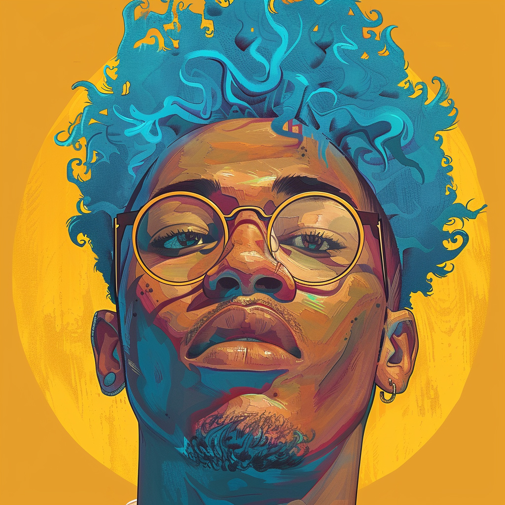 an illustration of a man with blue hair, glasses, and a yellow hoodie, on a yellow background, generated by Midjourney