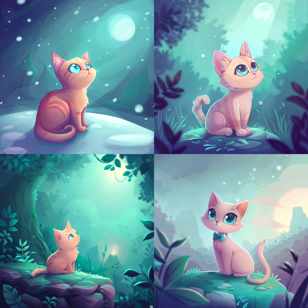 a grid of four images of a cartoonish cute beige cat with big green eyes sitting in the forest and staring up at the sky, generated by Midjouney using random style reference seeds with the prompt 'a cute cat --sref 762351716'