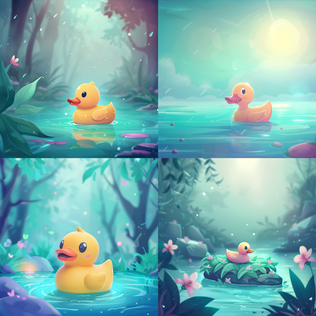 a grid of four images of a cartoonish cute yellow rubber duck in a forest pond with green-tinted water, generated by Midjouney using random style reference seeds with the prompt 'a cute rubber duck --sref 762351716'