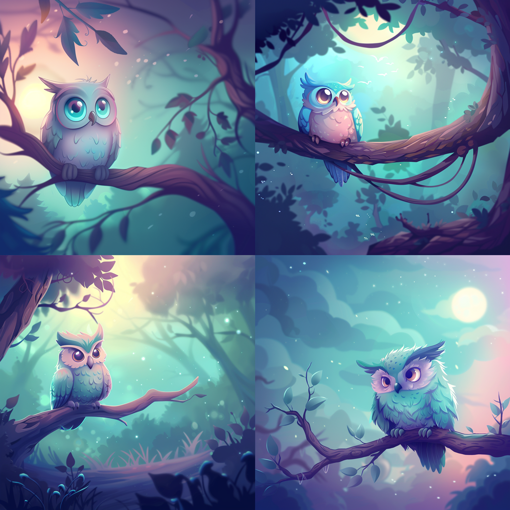 a grid of four images of a cartoonish cute beige-green owl with big eyes perched on a tree branch, generated by Midjouney using random style reference seeds with the prompt 'a owl cat --sref 762351716'