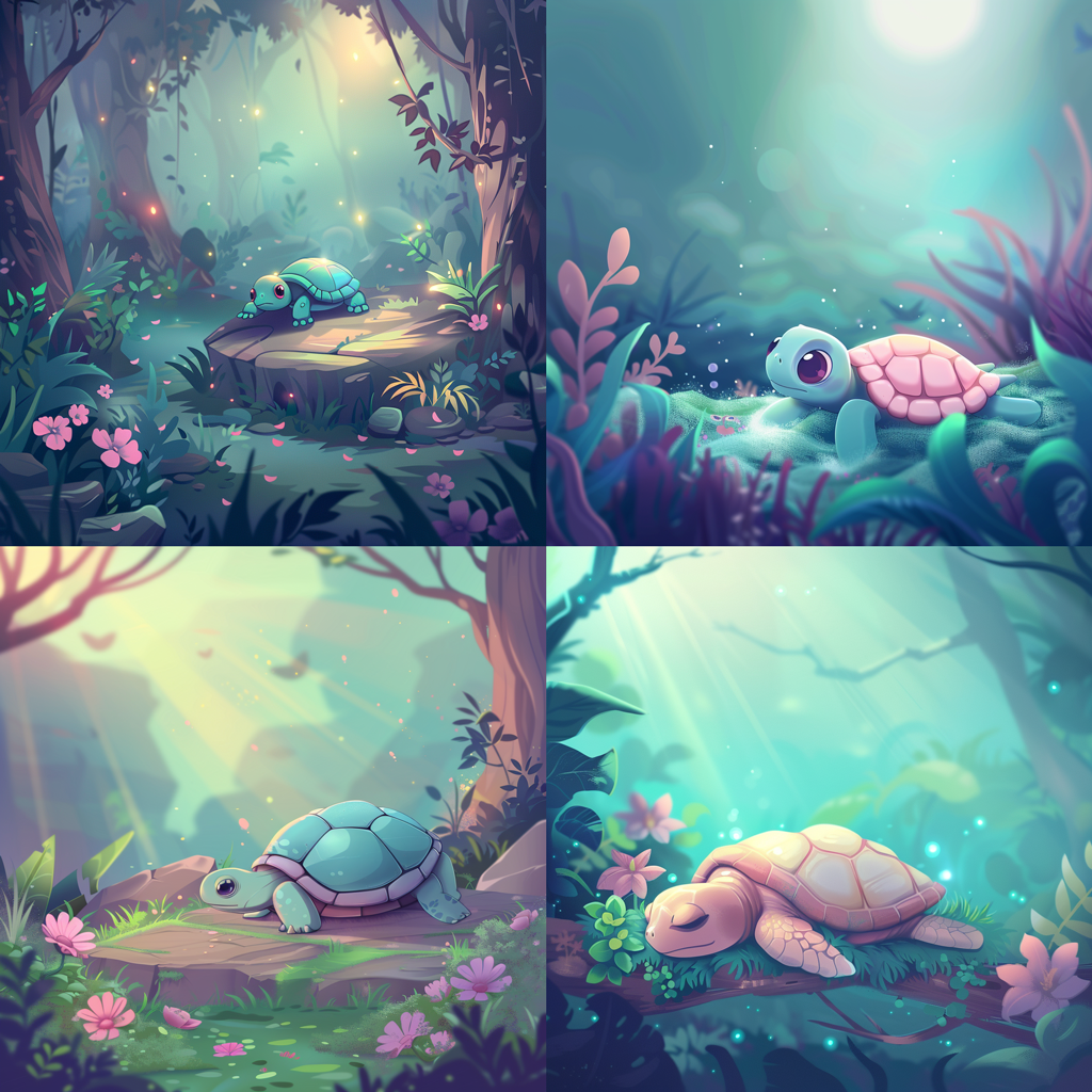 a grid of four images of a cartoonish cute turtle with a beige or green shell and big eyes resting in a forest, generated by Midjouney using random style reference seeds with the prompt 'a cute cat --sref 762351716'