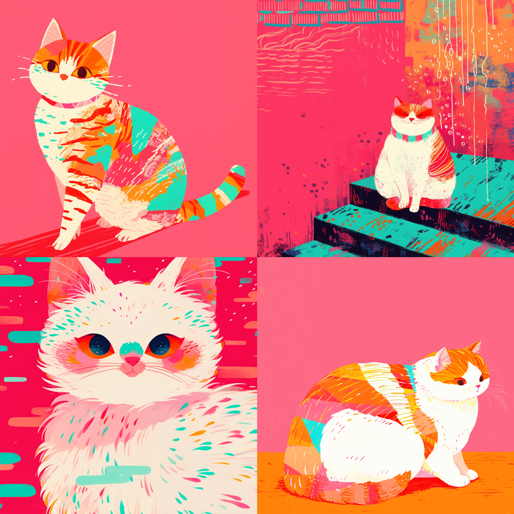 a grid of four cat images generated by Midjourney with the text prompt 'a cat' and the --sref random parameter to apply a random style