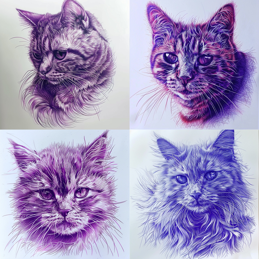 a grid of four cat images generated by Midjourney with the text prompt a cat and the --sref parameter with --sv 1