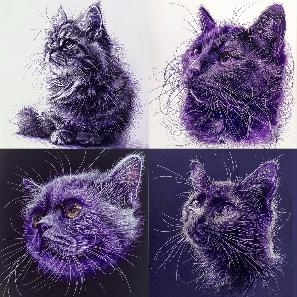 a grid of four cat images generated by Midjourney with the text prompt 'a cat' and the --sref parameter with a low style weight