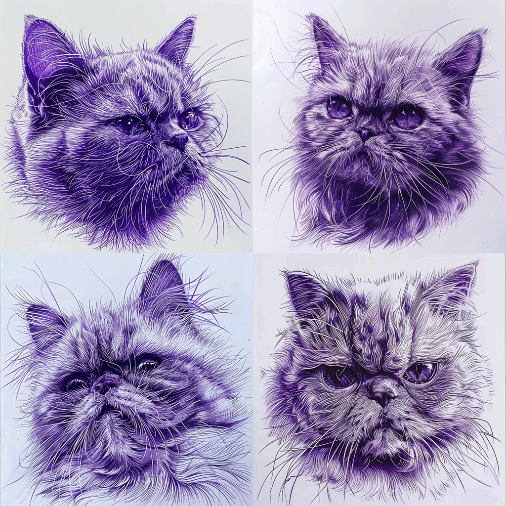 a grid of four cat images generated by Midjourney with the text prompt 'a cat' and the --sref parameter with a high style weight