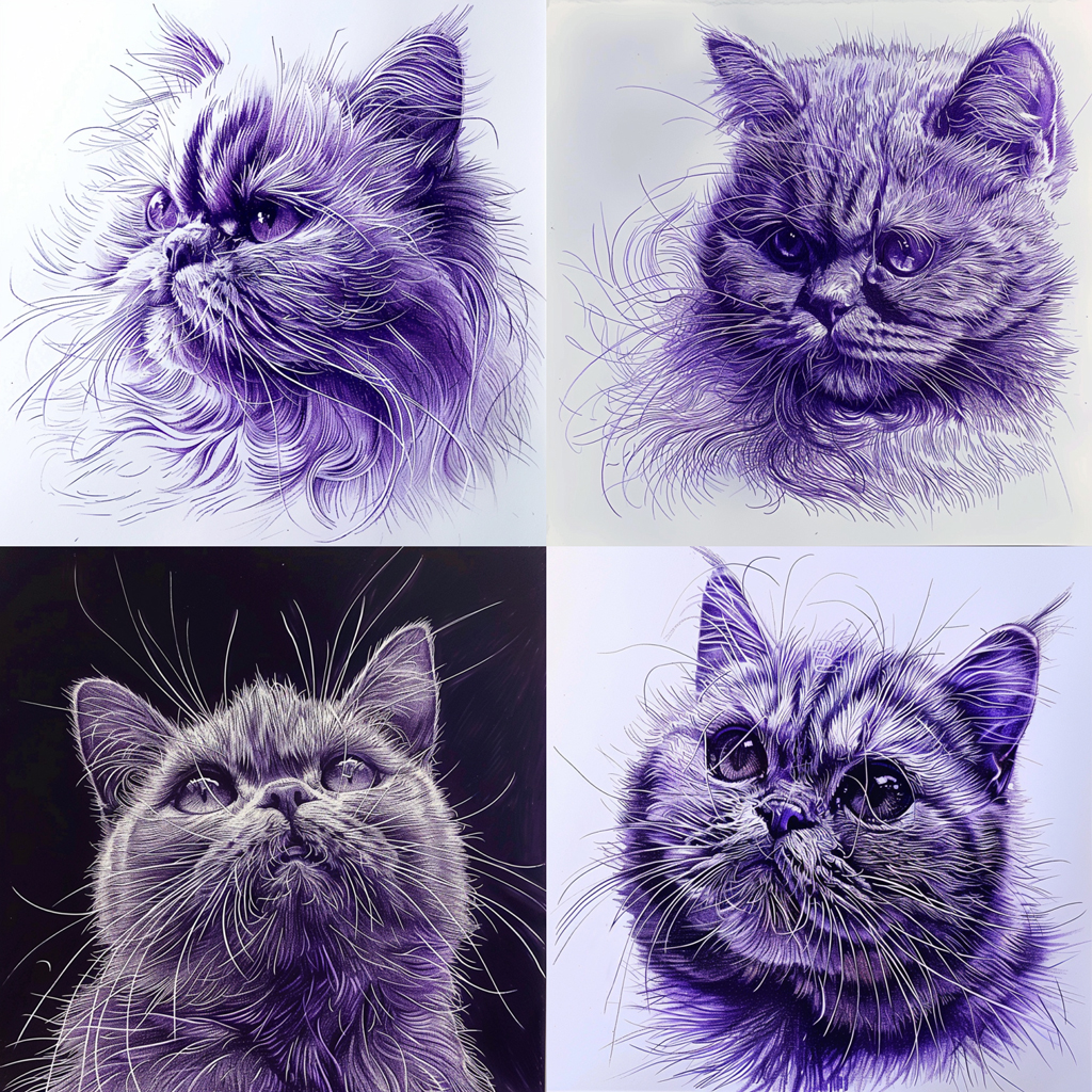 a grid of four cat images generated by Midjourney with the text prompt 'a cat' and the --sref parameter, showing four images generated in an ink sketch style