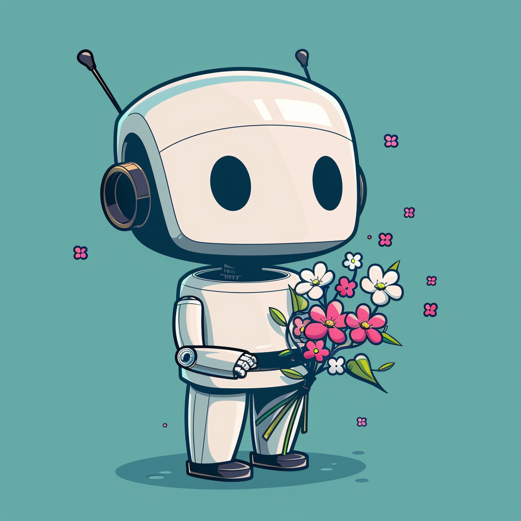 Example of Midjourney image made with the prompt a cute robot holding flowers