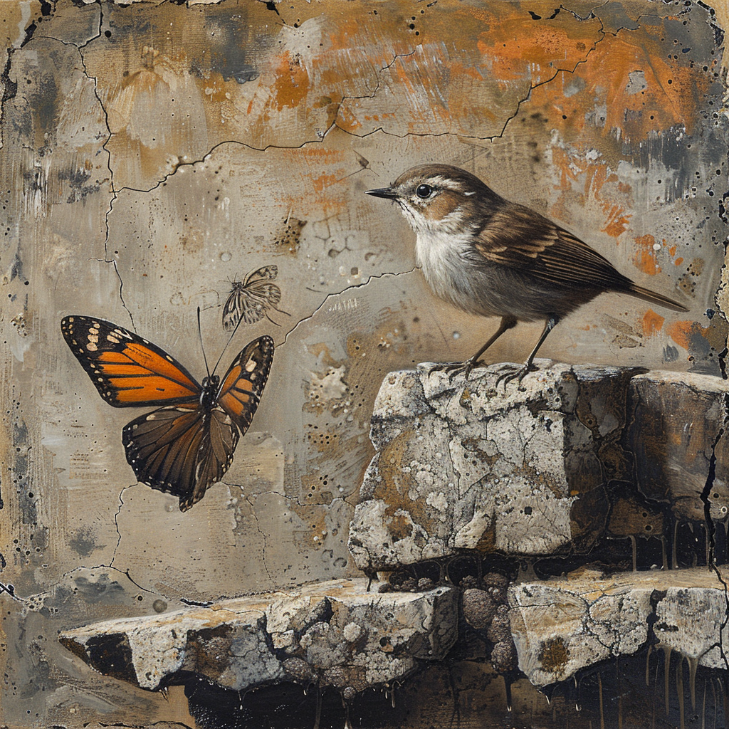 Example of Midjourney image made with the prompt a bird watching a butterfly