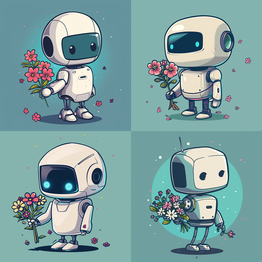 Example of Midjourney image made Strong Variation Mode and the prompt a cute robot holding flowers