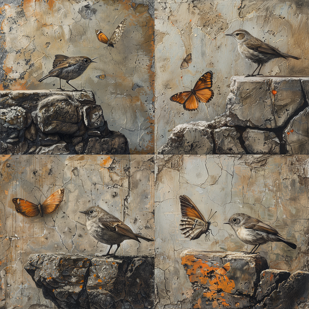 Example of Midjourney image made Strong Variation Mode and the prompt a bird watching a butterfly