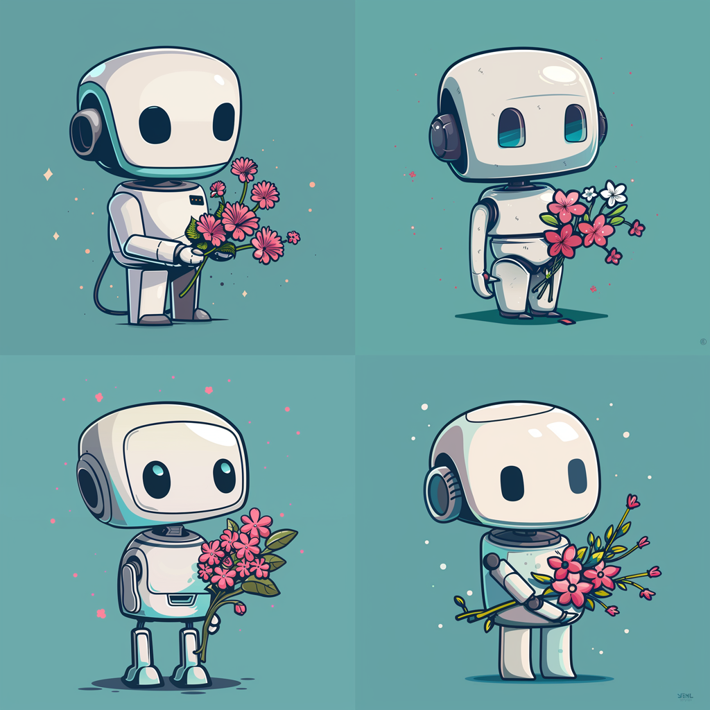 Example of Midjourney image made Subtle Variation Mode and the prompt a cute robot holding flowers