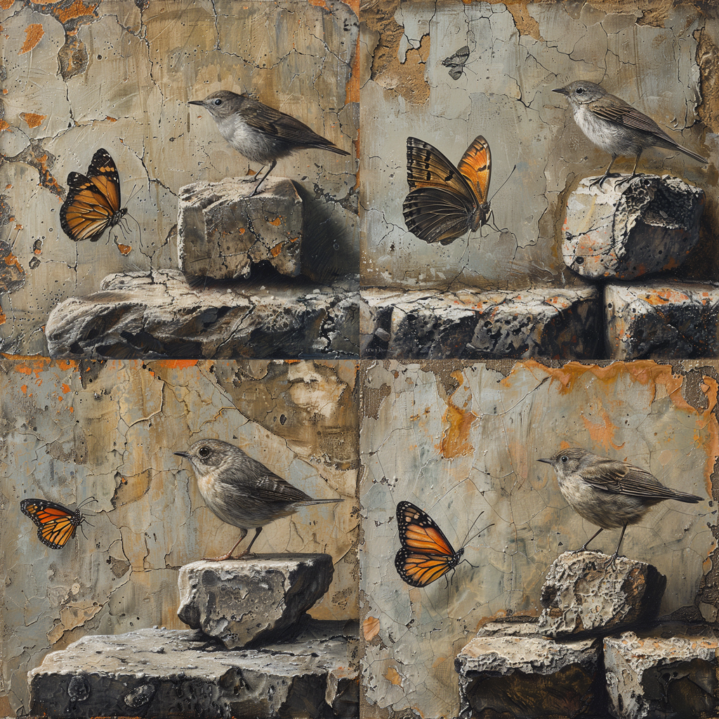 Example of Midjourney image made Subtle Variation Mode and the prompt a bird watching a butterfly