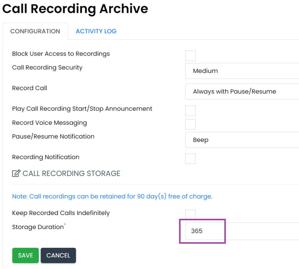 User Call recording Retention Period for Users