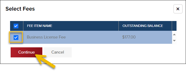 Business License Fees, Select Fees Modal
