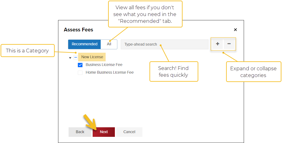 Business License, Fees, Assess Fees Modal 1