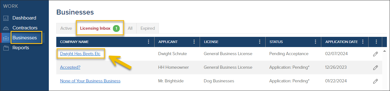 Business Licensing Inbox, Click Business Name to Review.png