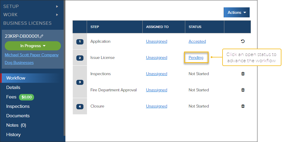 Business Workflow, click status to advance workflow