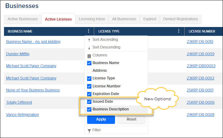 Businesses, Active Licenses, New Column Options.png