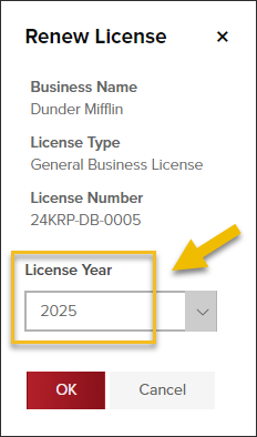 Businesses, Renew License Modal, Select License Year.png
