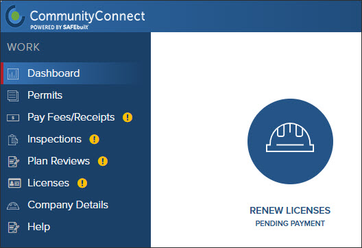 CommunityConnect, Contractor License, Pending Payment, Dashboard.jpg