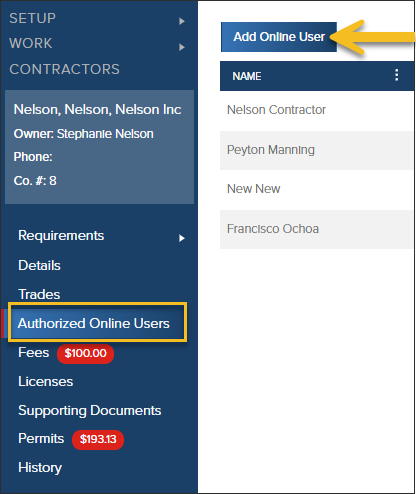 Contractors, Authorized Online Users, Add Online User