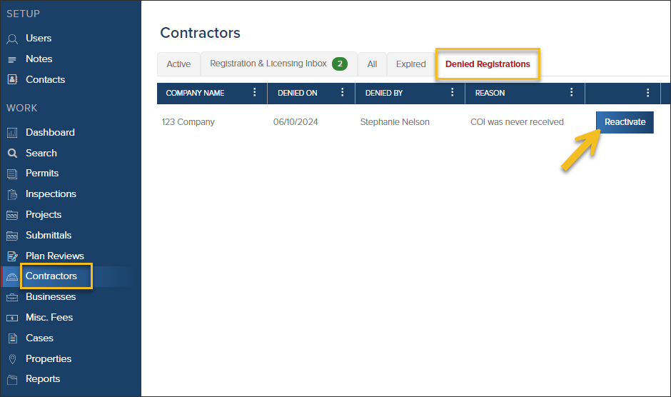 Contractors, Denied Registrations Tab, Reactivate Button.png