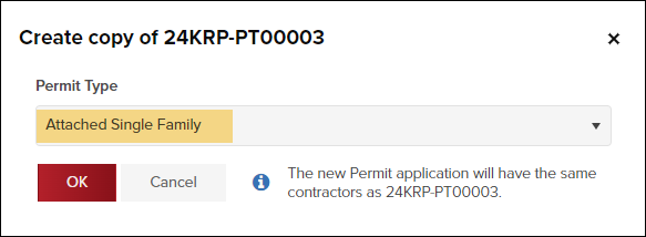 Copy Permit, Create Copy Modal, Select Permit Type, Includes Contractor Message.png